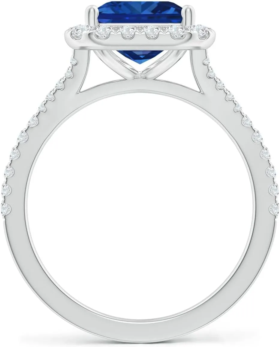 Angara Lab Grown Emerald-Cut Blue Sapphire Halo Split Shank Engagement Ring in 14K Solid Gold/Platinum | September Birthstone, Birthday, Anniversary, Wedding Jewelry Gift for Women