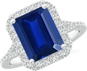 Angara Lab Grown Emerald-Cut Blue Sapphire Halo Split Shank Engagement Ring in 14K Solid Gold/Platinum | September Birthstone, Birthday, Anniversary, Wedding Jewelry Gift for Women