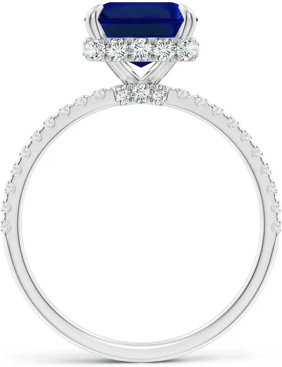 Angara Lab Grown Emerald-Cut Blue Sapphire Hidden Halo Classic Engagement Ring in 14K Solid Gold/Platinum | September Birthstone, Birthday, Anniversary, Wedding Jewelry Gift for Women