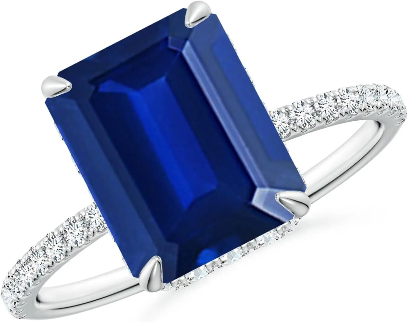 Angara Lab Grown Emerald-Cut Blue Sapphire Hidden Halo Classic Engagement Ring in 14K Solid Gold/Platinum | September Birthstone, Birthday, Anniversary, Wedding Jewelry Gift for Women