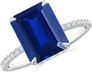 Angara Lab Grown Emerald-Cut Blue Sapphire Hidden Halo Classic Engagement Ring in 14K Solid Gold/Platinum | September Birthstone, Birthday, Anniversary, Wedding Jewelry Gift for Women