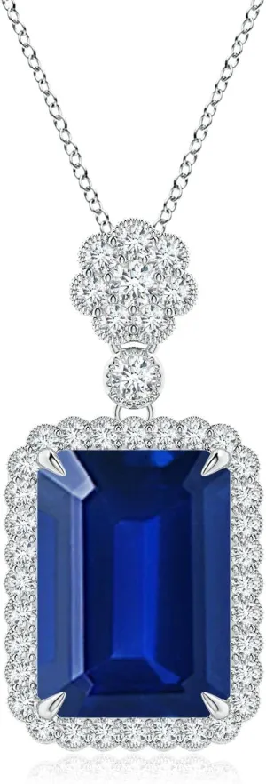 Angara Lab Grown Emerald cut Blue Sapphire Pendant with Floral Bale in Silver / 14K Solid Gold/Platinum | September Birthstone, Birthday, Engagement, Anniversary, Wedding Jewelry Gift for Women