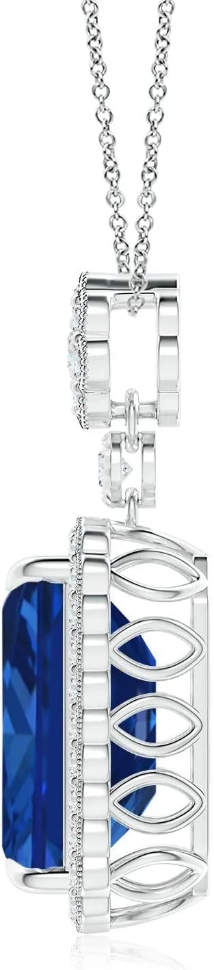 Angara Lab Grown Emerald cut Blue Sapphire Pendant with Floral Bale in Silver / 14K Solid Gold/Platinum | September Birthstone, Birthday, Engagement, Anniversary, Wedding Jewelry Gift for Women