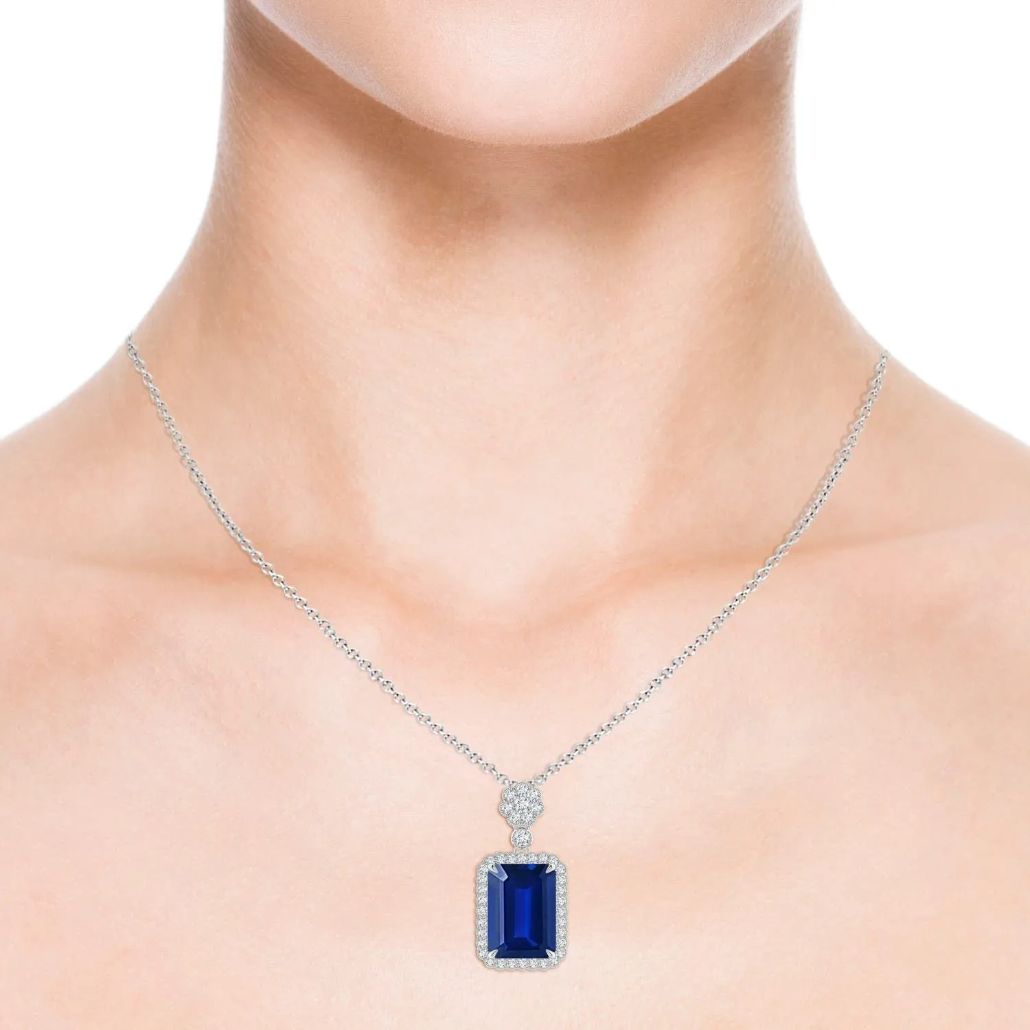 Angara Lab Grown Emerald cut Blue Sapphire Pendant with Floral Bale in Silver / 14K Solid Gold/Platinum | September Birthstone, Birthday, Engagement, Anniversary, Wedding Jewelry Gift for Women