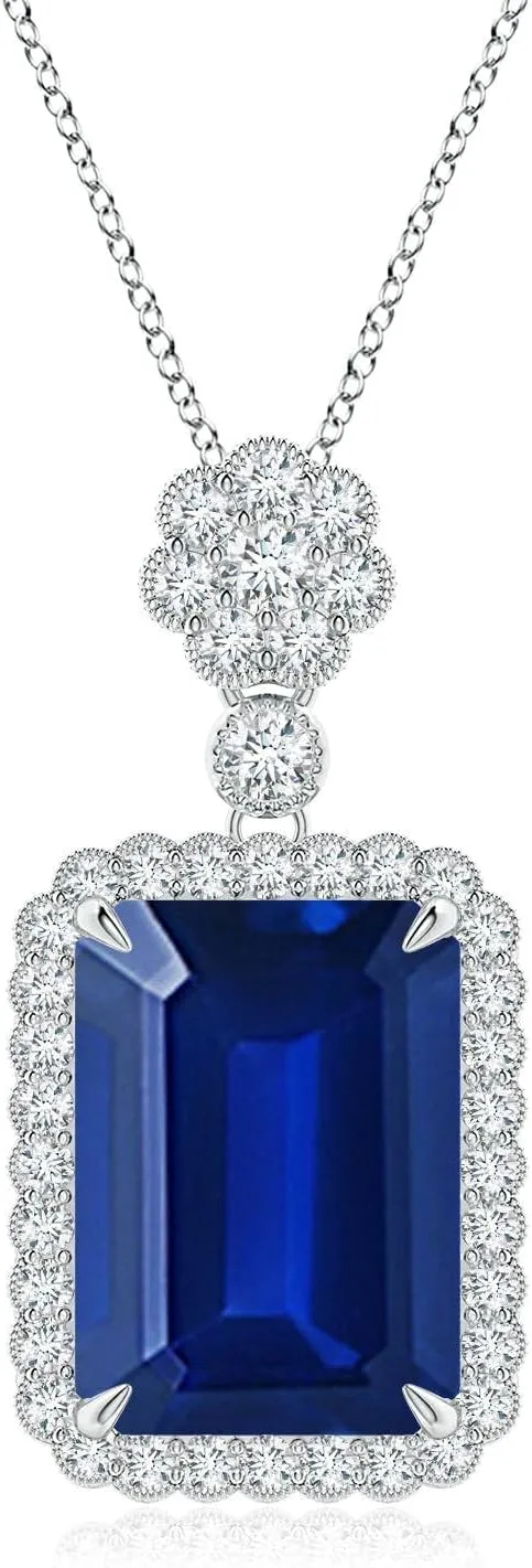 Angara Lab Grown Emerald cut Blue Sapphire Pendant with Floral Bale in Silver / 14K Solid Gold/Platinum | September Birthstone, Birthday, Engagement, Anniversary, Wedding Jewelry Gift for Women