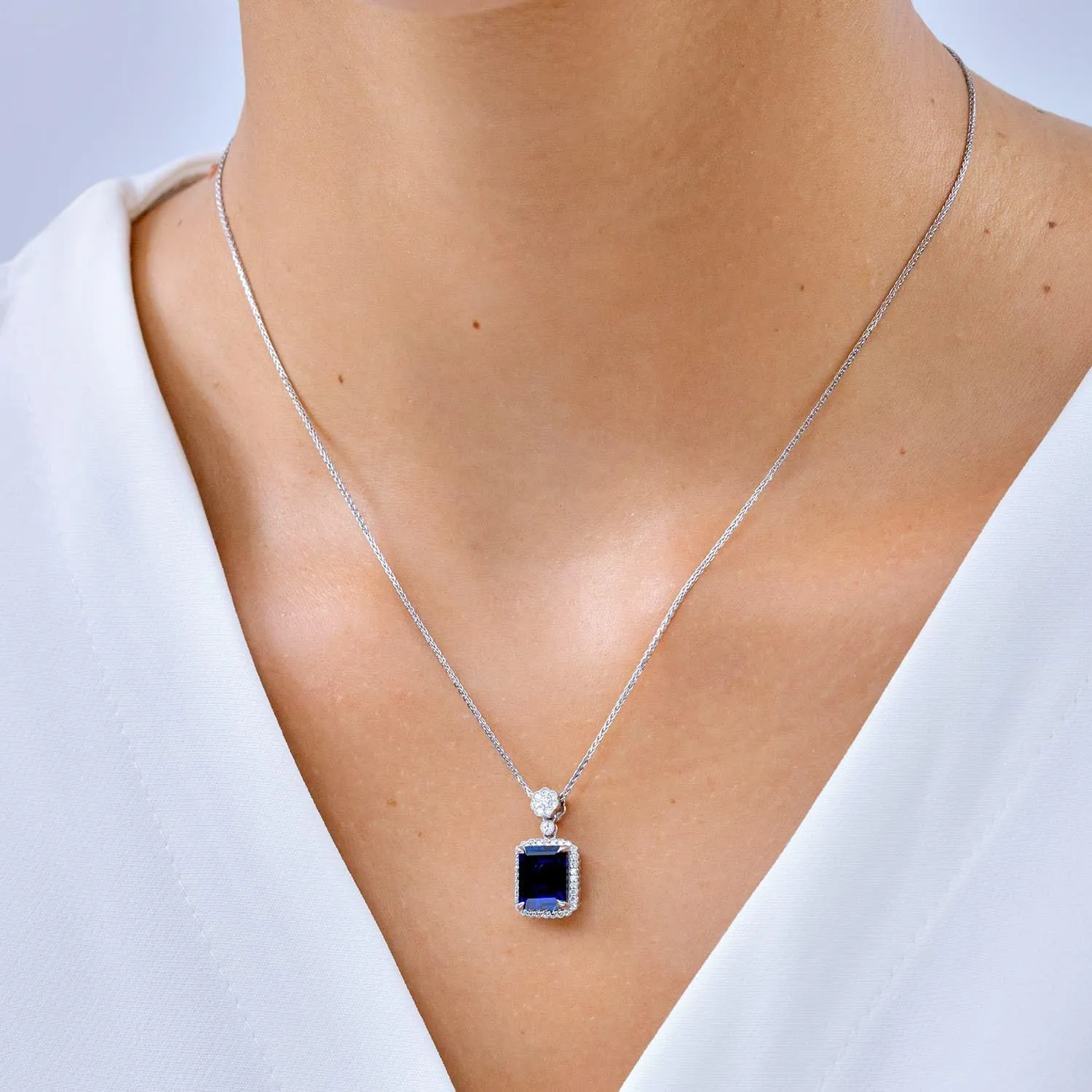 Angara Lab Grown Emerald cut Blue Sapphire Pendant with Floral Bale in Silver / 14K Solid Gold/Platinum | September Birthstone, Birthday, Engagement, Anniversary, Wedding Jewelry Gift for Women