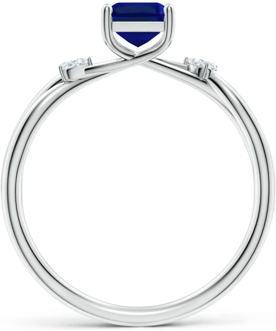 Angara Lab Grown Emerald-Cut Blue Sapphire Side Stone Engagement Ring in 14K Solid Gold/Platinum | September Birthstone, Birthday, Anniversary, Wedding Jewelry Gift for Women