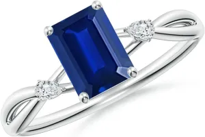 Angara Lab Grown Emerald-Cut Blue Sapphire Side Stone Engagement Ring in 14K Solid Gold/Platinum | September Birthstone, Birthday, Anniversary, Wedding Jewelry Gift for Women