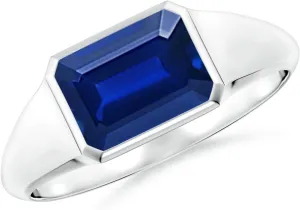 Angara Lab Grown Emerald-Cut Blue Sapphire Signet Ring in Silver / 14K Solid Gold/Platinum | September Birthstone, Birthday, Engagement, Anniversary, Wedding Jewelry Gift for Women