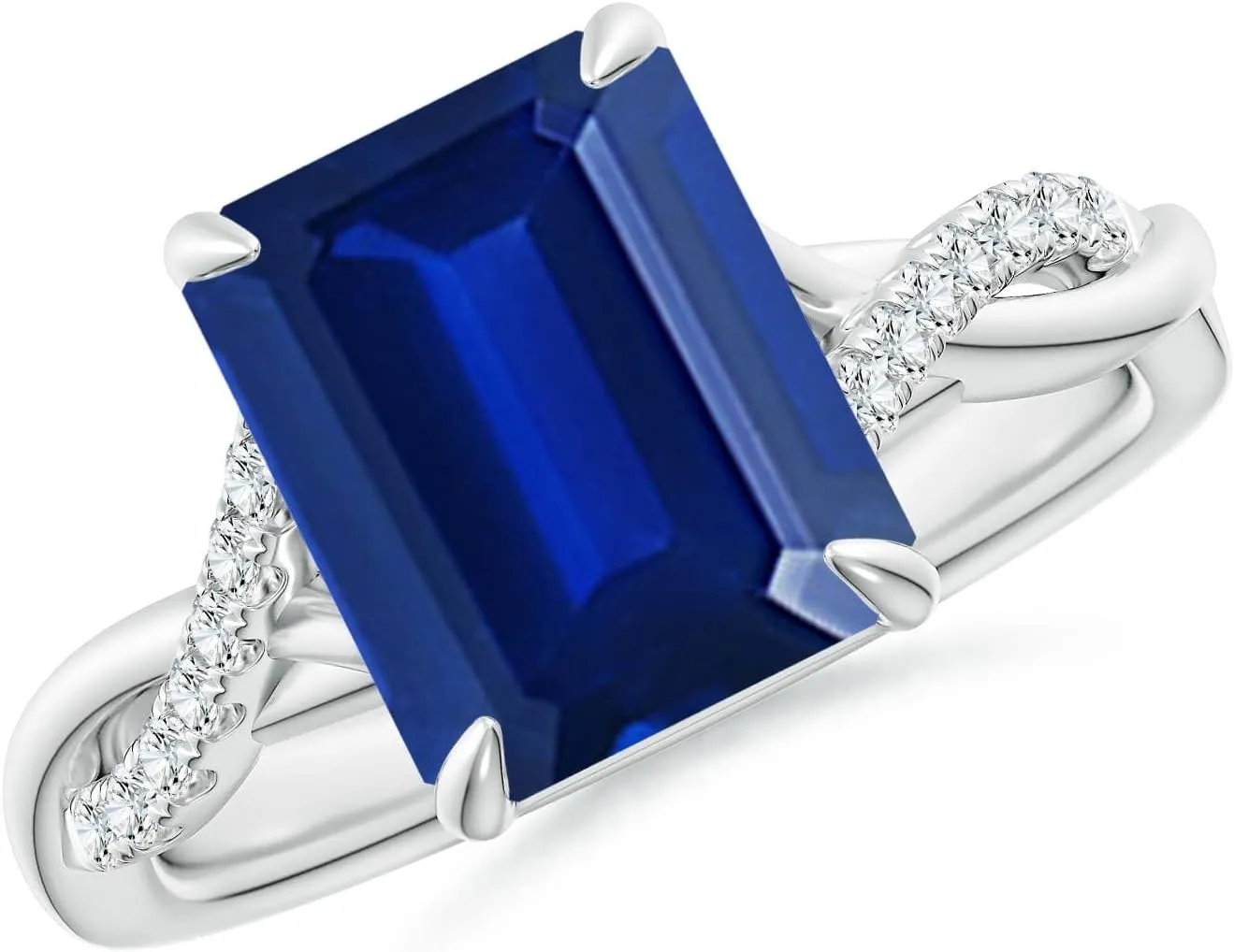 Angara Lab Grown Emerald-Cut Blue Sapphire Twisted Shank Engagement Ring in 14K Solid Gold/Platinum | September Birthstone, Birthday, Anniversary, Wedding Jewelry Gift for Women