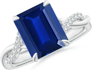 Angara Lab Grown Emerald-Cut Blue Sapphire Twisted Shank Engagement Ring in 14K Solid Gold/Platinum | September Birthstone, Birthday, Anniversary, Wedding Jewelry Gift for Women