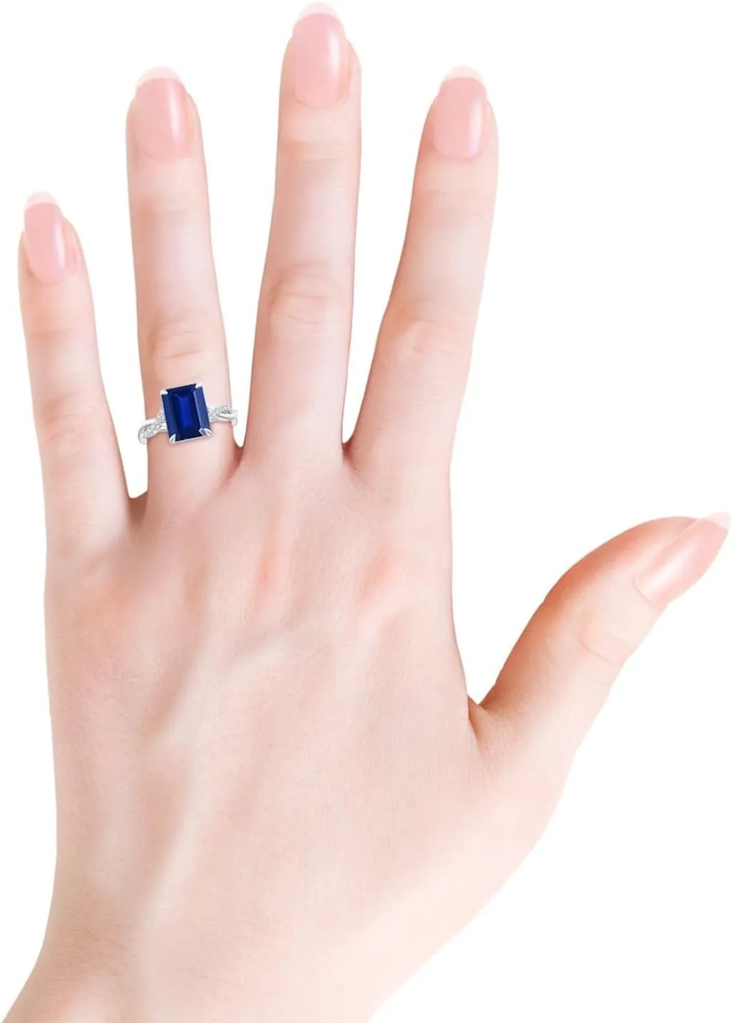 Angara Lab Grown Emerald-Cut Blue Sapphire Twisted Shank Engagement Ring in 14K Solid Gold/Platinum | September Birthstone, Birthday, Anniversary, Wedding Jewelry Gift for Women