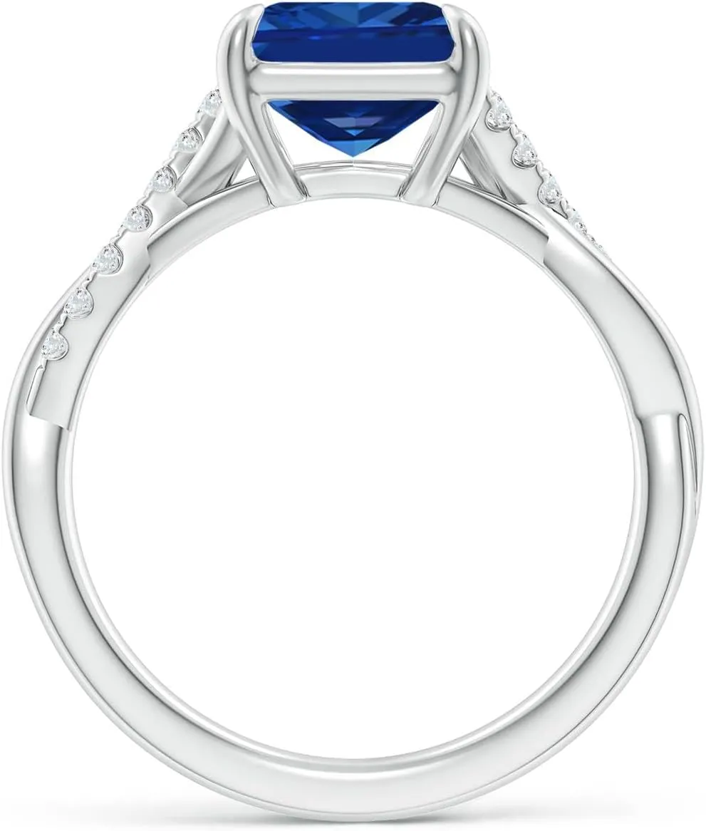 Angara Lab Grown Emerald-Cut Blue Sapphire Twisted Shank Engagement Ring in 14K Solid Gold/Platinum | September Birthstone, Birthday, Anniversary, Wedding Jewelry Gift for Women