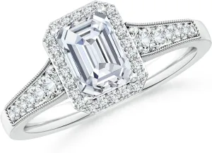 Angara Lab Grown Emerald-Cut Diamond Halo Engagement Ring with Milgrain in Silver / 14K Solid Gold/Platinum | April Birthstone, Birthday, Anniversary, Wedding Jewelry Gift for Women