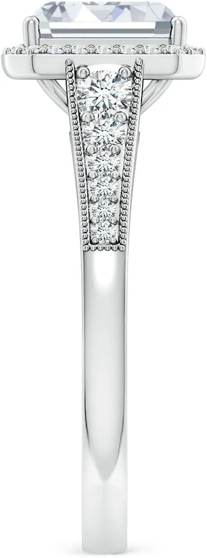 Angara Lab Grown Emerald-Cut Diamond Halo Engagement Ring with Milgrain in Silver / 14K Solid Gold/Platinum | April Birthstone, Birthday, Anniversary, Wedding Jewelry Gift for Women