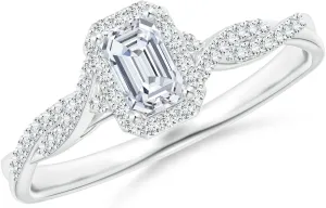 Angara Lab Grown Emerald-Cut Diamond Halo Twisted Shank Ring in Silver / 14K Solid Gold/Platinum | April Birthstone, Birthday, Engagement, Anniversary, Wedding Jewelry Gift for Women