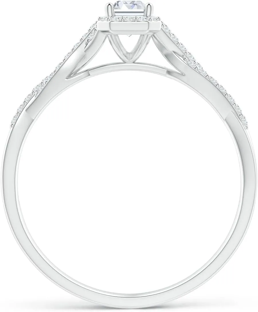 Angara Lab Grown Emerald-Cut Diamond Halo Twisted Shank Ring in Silver / 14K Solid Gold/Platinum | April Birthstone, Birthday, Engagement, Anniversary, Wedding Jewelry Gift for Women