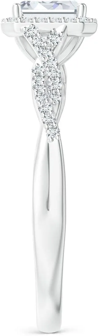 Angara Lab Grown Emerald-Cut Diamond Halo Twisted Shank Ring in Silver / 14K Solid Gold/Platinum | April Birthstone, Birthday, Engagement, Anniversary, Wedding Jewelry Gift for Women