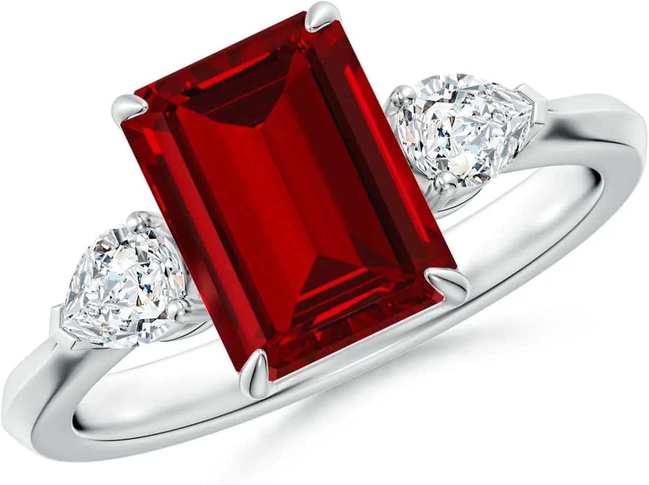 Angara Lab Grown Emerald-Cut Ruby and Pear Diamond Three Stone Engagement Ring in 14K Solid Gold/Platinum | July Birthstone, Birthday, Anniversary, Wedding Jewelry Gift for Women