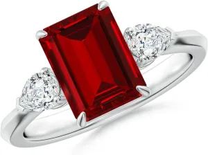 Angara Lab Grown Emerald-Cut Ruby and Pear Diamond Three Stone Engagement Ring in 14K Solid Gold/Platinum | July Birthstone, Birthday, Anniversary, Wedding Jewelry Gift for Women