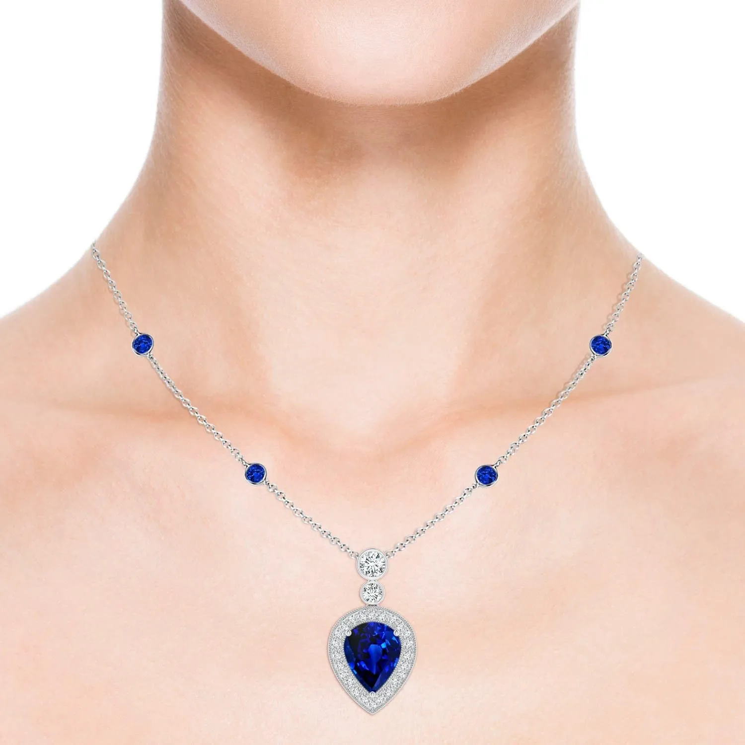 Angara Lab Grown Inverted Pear Blue Sapphire Necklace with Lab Diamonds in 14K Solid Gold/Platinum | September Birthstone, Birthday, Engagement, Anniversary, Wedding Jewelry Gift for Women