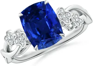 Angara Lab Grown Nature-Inspired Cushion Rectangular Blue Sapphire Floral Engagement Ring in 14K Solid Gold/Platinum | September Birthstone, Birthday, Anniversary, Wedding Jewelry Gift for Women