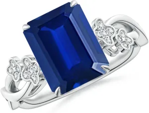 Angara Lab Grown Nature-Inspired Emerald-Cut Blue Sapphire Floral Engagement Ring in 14K Solid Gold/Platinum | September Birthstone, Birthday, Anniversary, Wedding Jewelry Gift for Women