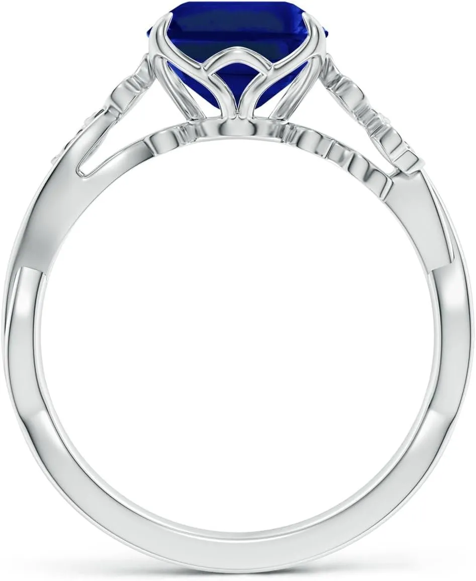 Angara Lab Grown Nature-Inspired Emerald-Cut Blue Sapphire Floral Engagement Ring in 14K Solid Gold/Platinum | September Birthstone, Birthday, Anniversary, Wedding Jewelry Gift for Women