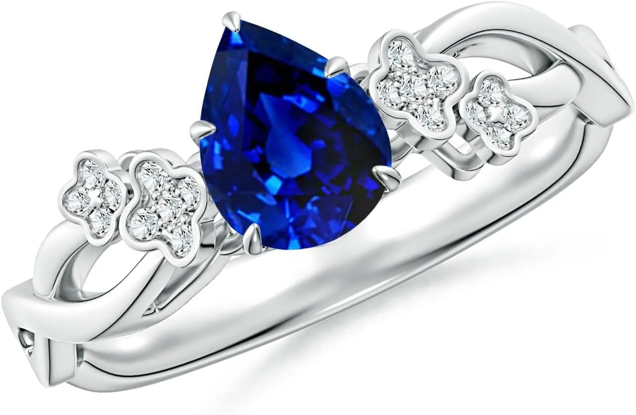Angara Lab Grown Nature-Inspired Pear Blue Sapphire Floral Engagement Ring in 14K Solid Gold/Platinum | September Birthstone, Birthday, Anniversary, Wedding Jewelry Gift for Women
