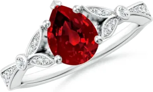 Angara Lab Grown Nature-Inspired Pear Ruby Engagement Ring with Leaf Motifs in 14K Solid Gold/Platinum | July Birthstone, Birthday, Anniversary, Wedding Jewelry Gift for Women
