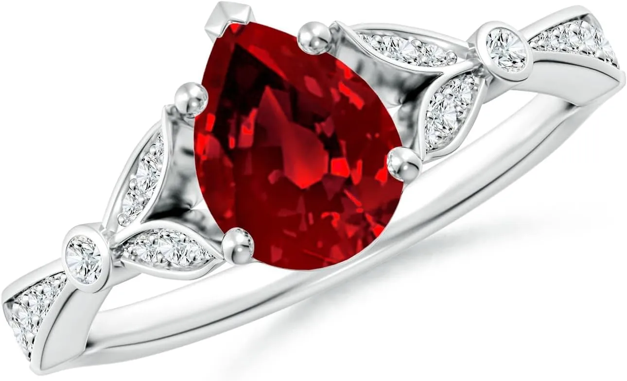 Angara Lab Grown Nature-Inspired Pear Ruby Engagement Ring with Leaf Motifs in 14K Solid Gold/Platinum | July Birthstone, Birthday, Anniversary, Wedding Jewelry Gift for Women