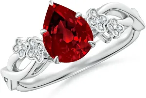 Angara Lab Grown Nature-Inspired Pear Ruby Floral Engagement Ring in 14K Solid Gold/Platinum | July Birthstone, Birthday, Anniversary, Wedding Jewelry Gift for Women