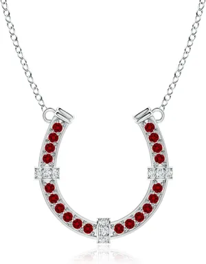 Angara Lab Grown Pave-Set Ruby and Diamond Horseshoe Pendant Necklace in 14K Solid Gold/Platinum | July Birthstone, Birthday, Engagement, Anniversary, Wedding Jewelry Gift for Women