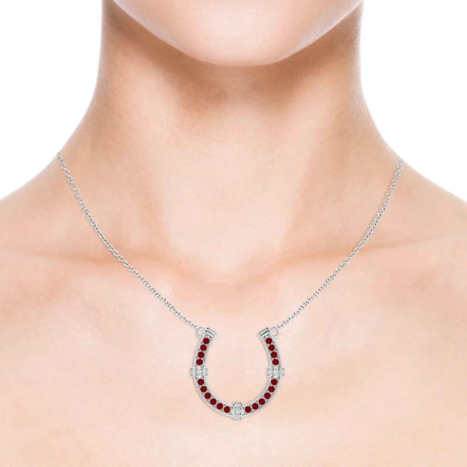 Angara Lab Grown Pave-Set Ruby and Diamond Horseshoe Pendant Necklace in 14K Solid Gold/Platinum | July Birthstone, Birthday, Engagement, Anniversary, Wedding Jewelry Gift for Women