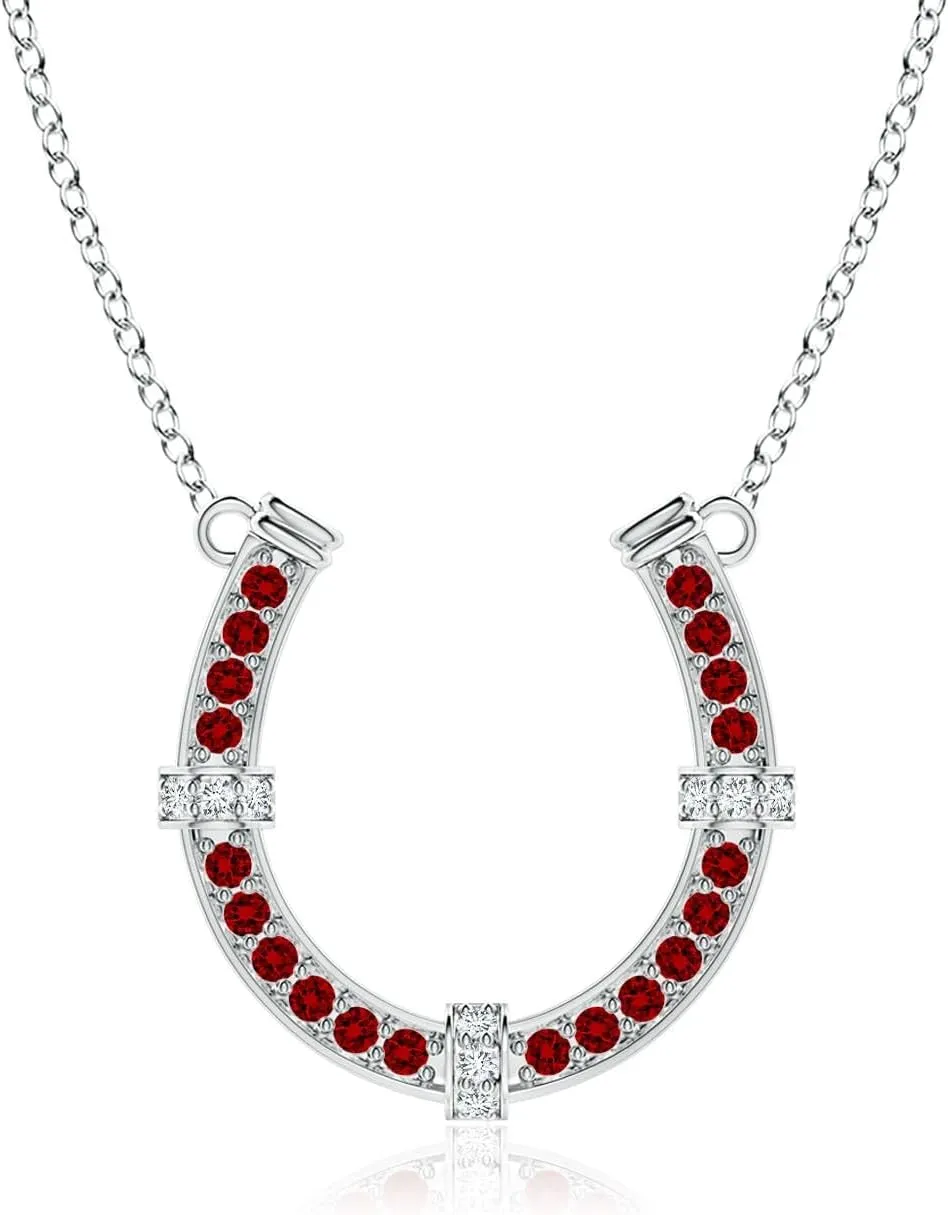 Angara Lab Grown Pave-Set Ruby and Diamond Horseshoe Pendant Necklace in 14K Solid Gold/Platinum | July Birthstone, Birthday, Engagement, Anniversary, Wedding Jewelry Gift for Women