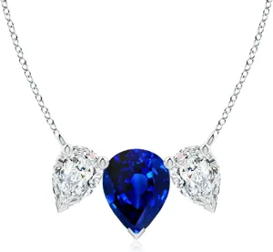 Angara Lab Grown Pear Blue Sapphire Three Stone Pendant in 14K Solid Gold/Platinum | September Birthstone, Birthday, Engagement, Anniversary, Wedding Jewelry Gift for Women