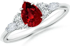 Angara Lab Grown Pear Shape Ruby Side Stone Engagement Ring with Diamonds in 14K Solid Gold/Platinum | July Birthstone, Birthday, Anniversary, Wedding Jewelry Gift for Women