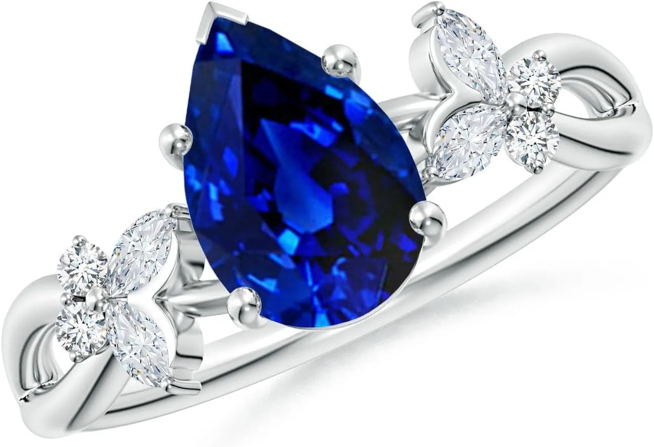 Angara Lab Grown Pear-Shaped Blue Sapphire Butterfly Engagement Ring in 14K Solid Gold/Platinum | September Birthstone, Birthday, Anniversary, Wedding Jewelry Gift for Women