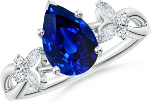 Angara Lab Grown Pear-Shaped Blue Sapphire Butterfly Engagement Ring in 14K Solid Gold/Platinum | September Birthstone, Birthday, Anniversary, Wedding Jewelry Gift for Women