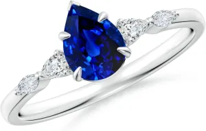 Angara Lab Grown Pear-Shaped Blue Sapphire Side Stone Engagement Ring in 14K Solid Gold/Platinum | September Birthstone, Birthday, Anniversary, Wedding Jewelry Gift for Women