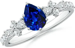 Angara Lab Grown Pear-Shaped Blue Sapphire Side Stone Engagement Ring with Accents in 14K Solid Gold/Platinum | September Birthstone, Birthday, Anniversary, Wedding Jewelry Gift for Women