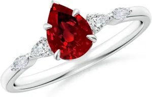 Angara Lab Grown Pear-Shaped Ruby Side Stone Engagement Ring in 14K Solid Gold/Platinum | July Birthstone, Birthday, Anniversary, Wedding Jewelry Gift for Women