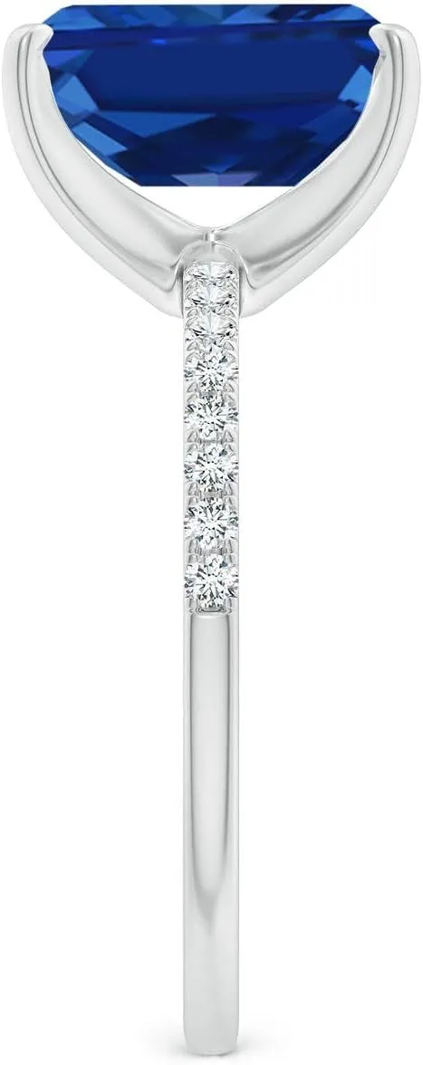 Angara Lab Grown Peg Head Emerald-Cut Blue Sapphire Classic Engagement Ring in 14K Solid Gold/Platinum | September Birthstone, Birthday, Anniversary, Wedding Jewelry Gift for Women