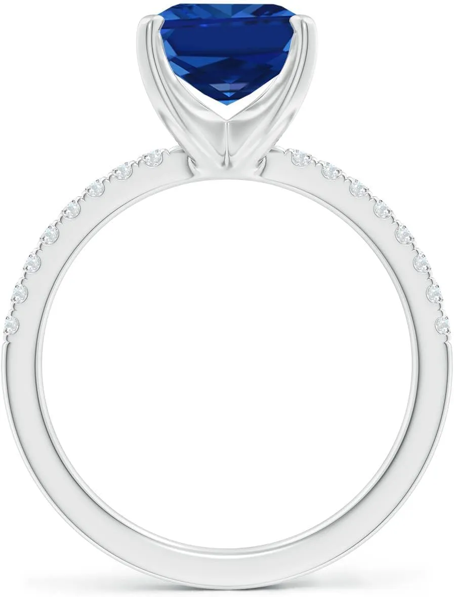 Angara Lab Grown Peg Head Emerald-Cut Blue Sapphire Classic Engagement Ring in 14K Solid Gold/Platinum | September Birthstone, Birthday, Anniversary, Wedding Jewelry Gift for Women
