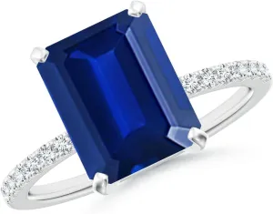 Angara Lab Grown Peg Head Emerald-Cut Blue Sapphire Classic Engagement Ring in 14K Solid Gold/Platinum | September Birthstone, Birthday, Anniversary, Wedding Jewelry Gift for Women