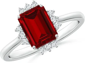 Angara Lab Grown Prong-Set Emerald-Cut Ruby Halo Engagement Ring in 14K Solid Gold/Platinum | July Birthstone, Birthday, Anniversary, Wedding Jewelry Gift for Women