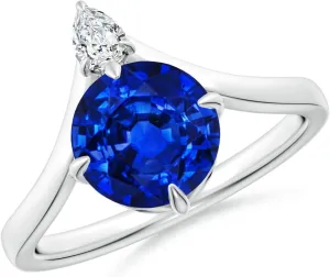 Angara Lab Grown Prong-Set Round Blue Sapphire Chevron Engagement Ring in 14K Solid Gold/Platinum | September Birthstone, Birthday, Anniversary, Wedding Jewelry Gift for Women