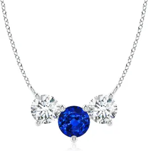 Angara Lab Grown Round Blue Sapphire and Diamond Three Stone Necklace in 14K Solid Gold/Platinum | September Birthstone, Birthday, Engagement, Anniversary, Wedding Jewelry Gift for Women