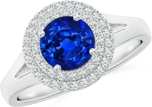 Angara Lab Grown Round Blue Sapphire Double Halo Engagement Ring in 14K Solid Gold/Platinum | September Birthstone, Birthday, Anniversary, Wedding Jewelry Gift for Women