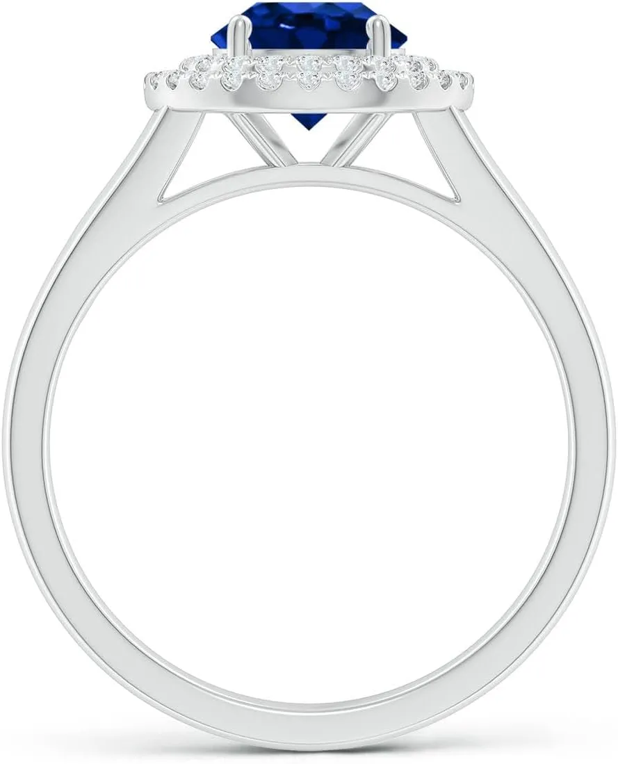 Angara Lab Grown Round Blue Sapphire Double Halo Engagement Ring in 14K Solid Gold/Platinum | September Birthstone, Birthday, Anniversary, Wedding Jewelry Gift for Women